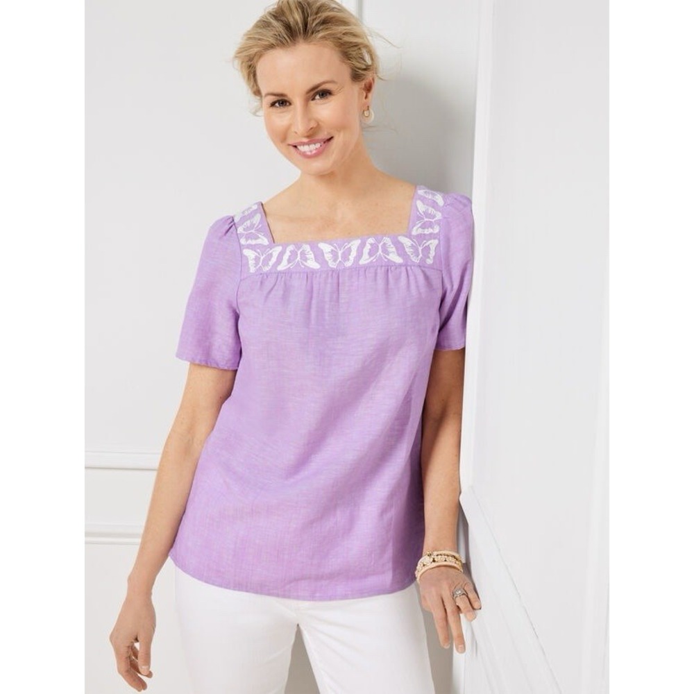 Talbots Butterfly Embroidered Linen Cotton Blend Square Neck Top Lavender LP
